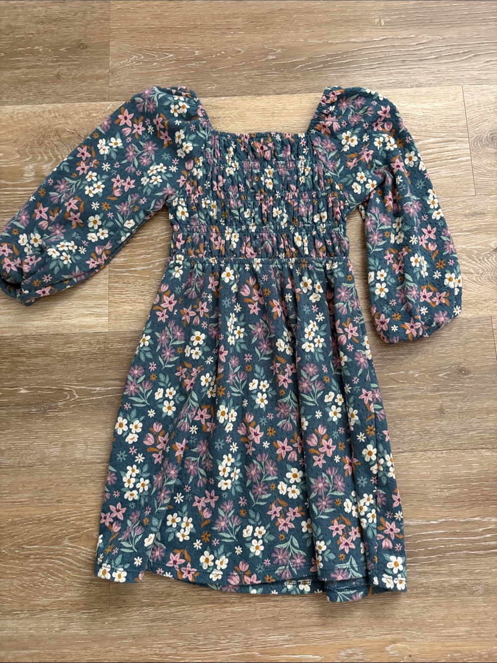 jumping beans Teal Floral Smocked Dress with Pink & White Flowers